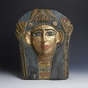 Egyptian Blue Beaded Mummy Mask with Funerary Face, Four Sons of Horus and Winged Scarab