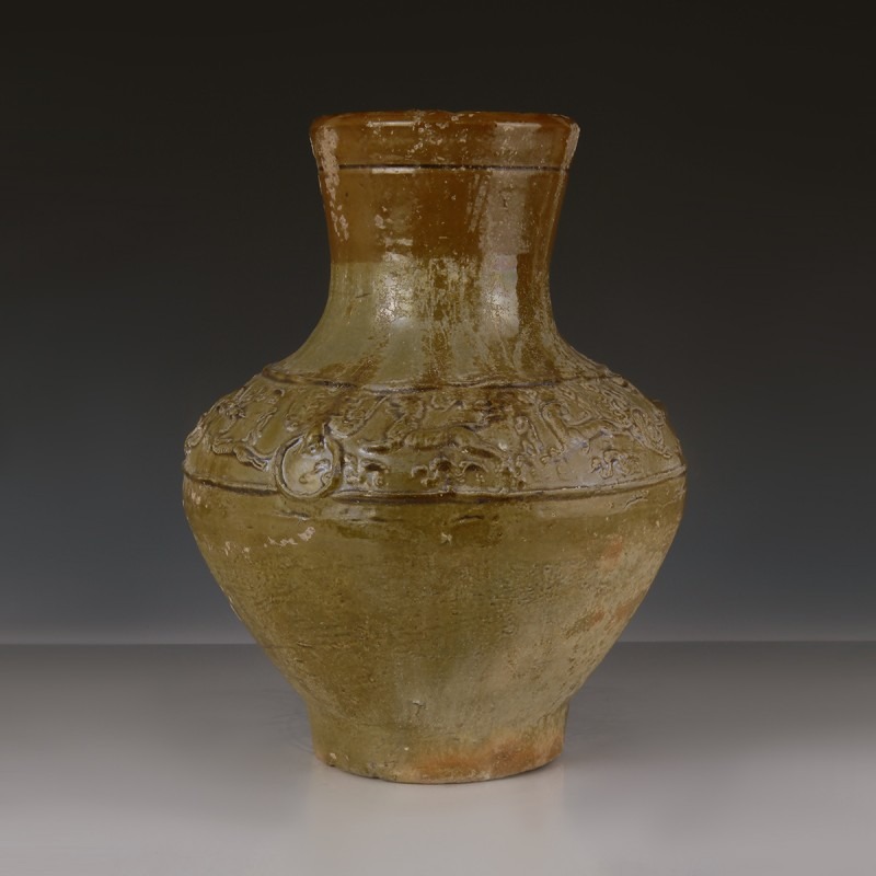 Han Green-Glazed Vase with Relief Decoration Han Green-Glazed Vase with Relief Decoration
