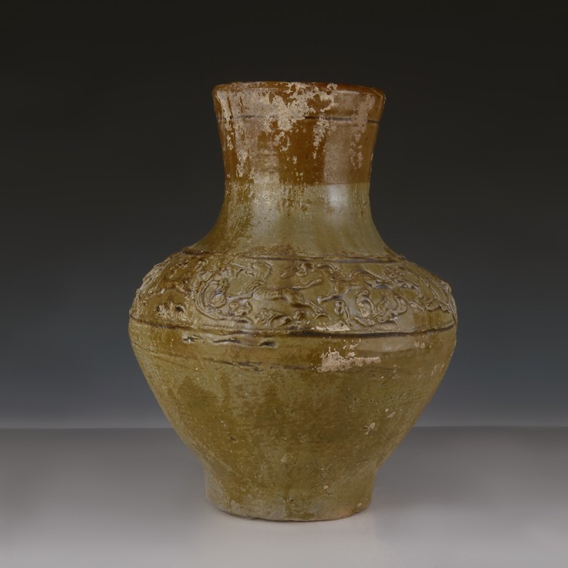 Han Green-Glazed Vase with Relief Decoration Han Green-Glazed Vase with Relief Decoration