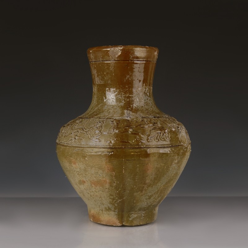 Han Green-Glazed Vase with Relief Decoration Han Green-Glazed Vase with Relief Decoration