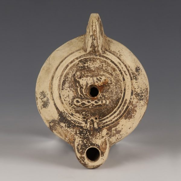 Signed Roman Oil Lamp with the Erymanthian Boar
