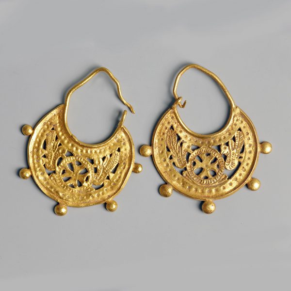 Pair of Byzantine Gold Earrings with Cross and Doves
