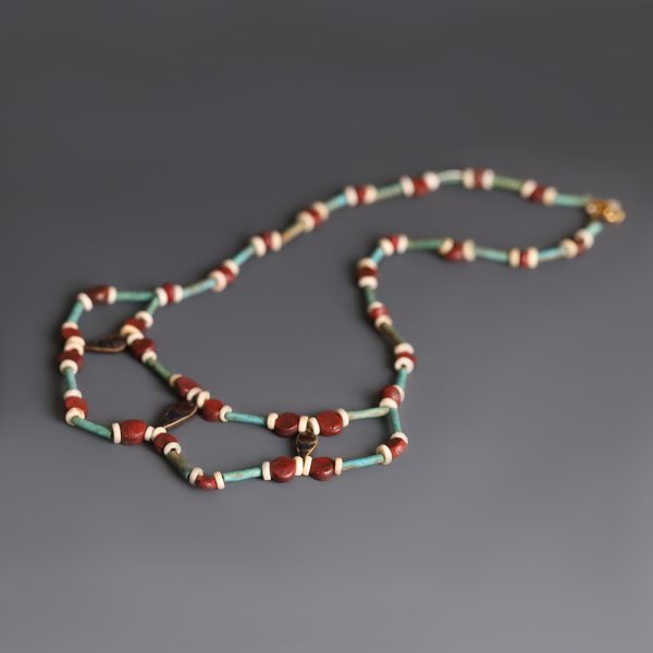 Egyptian Faience and Jasper Beaded Necklace with Gold and Onyx Pendants