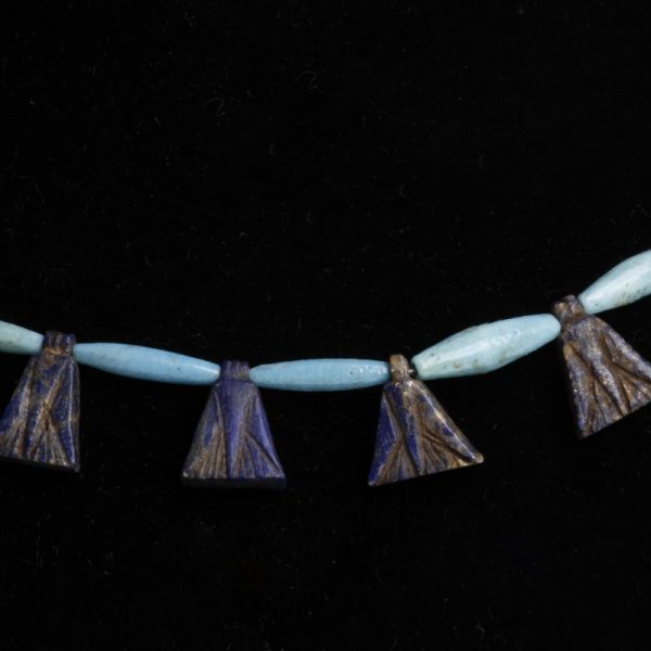 Egyptian Bead Necklace with Lapis Lazuli Lotus Flower Amulets