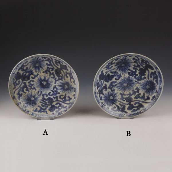 Chinese Kangxi Blue and White Dishes with Chrysanthemum Decoration