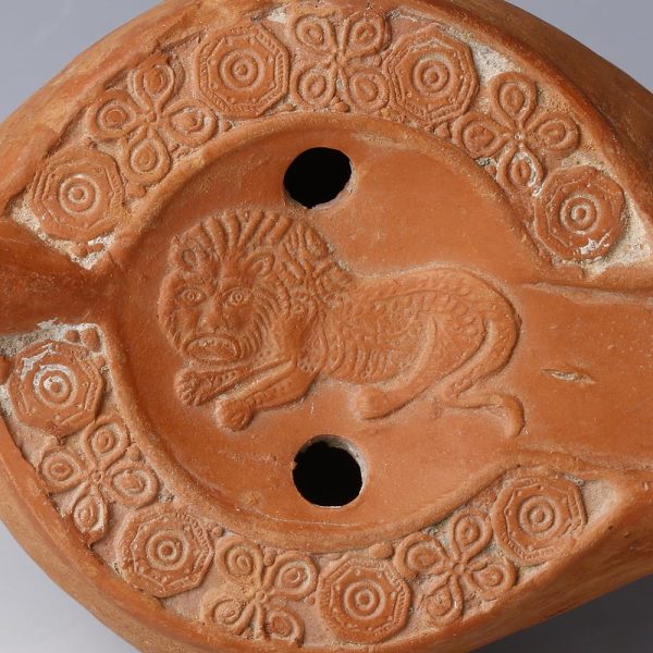 Roman North African Oil Lamp with a Crouching Lion