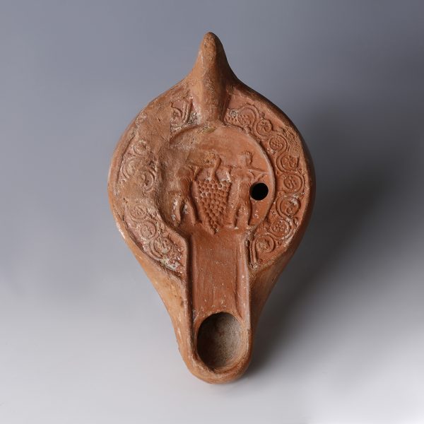 North African Roman Redware Oil Lamp with Old Testament Scene
