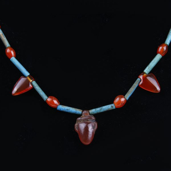 Egyptian Beaded Necklace with Carnelian Heart Amulets