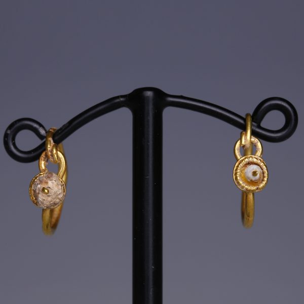 Roman Gold Hoop Earrings with Disks & Glass Beads