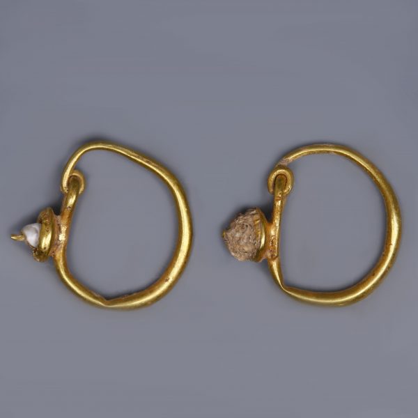 Roman Gold Hoop Earrings with Disks & Glass Beads