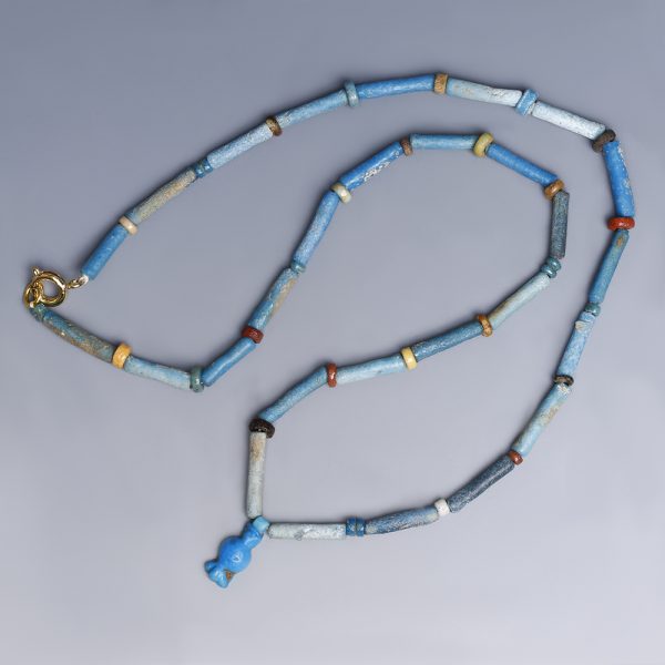 Egyptian Faience Necklace with a Triple Blossomed Flower Amulet