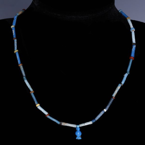 Egyptian Faience Necklace with a Triple Blossomed Flower Amulet