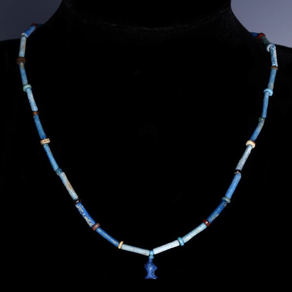 Egyptian Faience Necklace with a Triple Blossomed Faience Flower Amulet