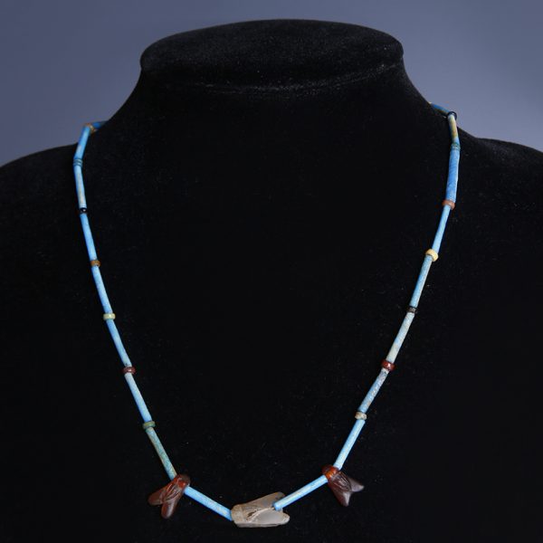 Egyptian Necklace with Blue Faience and Carnelian Fly Amulets