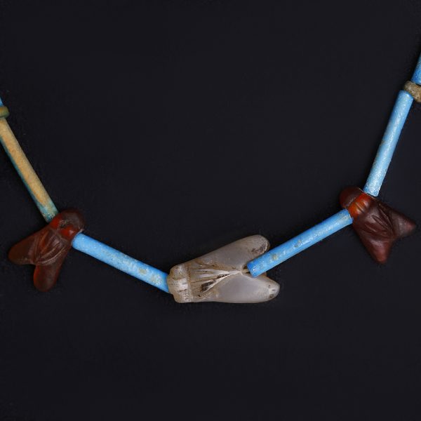 Egyptian Necklace with Blue Faience and Carnelian Fly Amulets