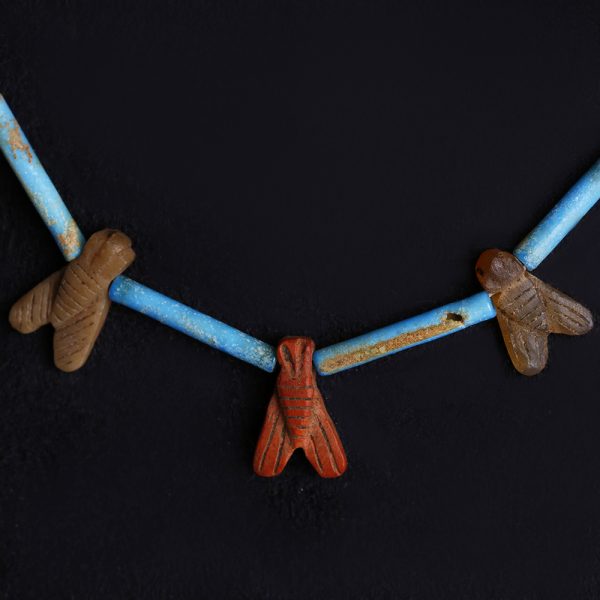 Egyptian Necklace with Blue Faience and Hard Stone Fly Amulets