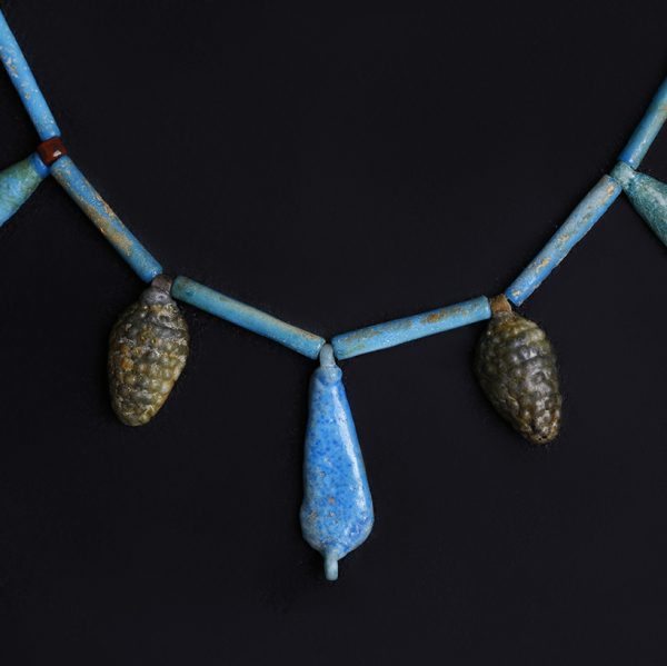 Egyptian Blue Faience Necklace with Vegetal Amulets