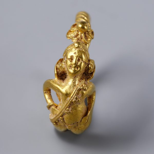Greek Hellenistic Spiralled Gold Loop Earring with Eros