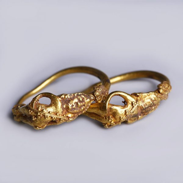 Greek Hellenistic Gold Hoop Earrings with Eros