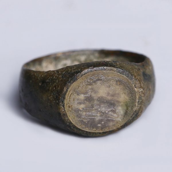 Roman Bronze Ring with Glass Intaglio of a Bull