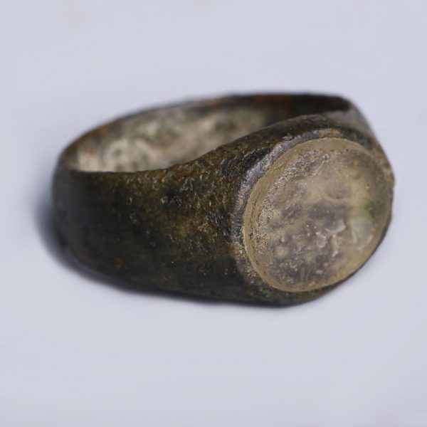 Roman Bronze Ring with Glass Intaglio of a Bull