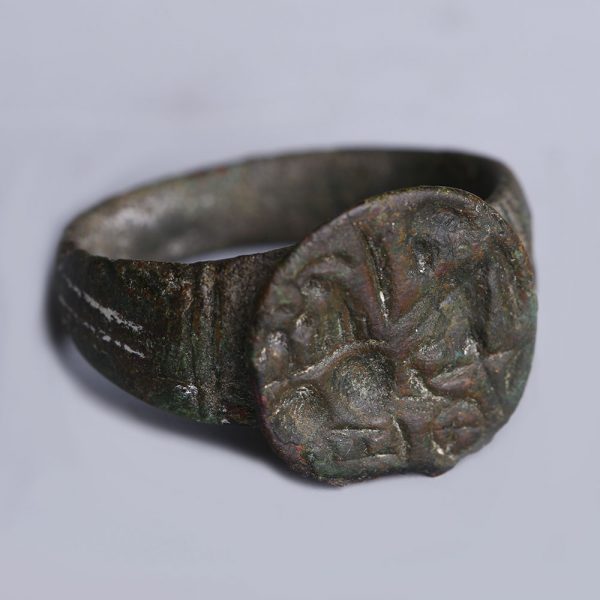 Romano-Celtic Bronze Signet Ring with Chariot and Rider
