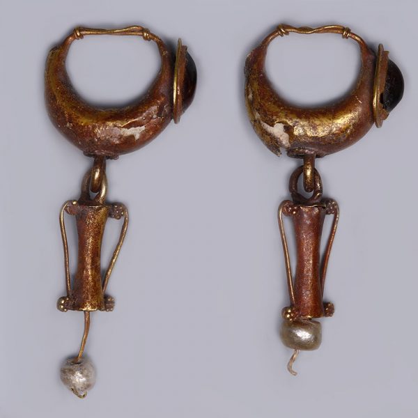 Roman Gold Earrings set with Amphora Shaped Drops and Pearls