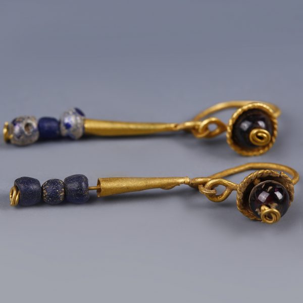Pair of Roman Gold Earrings with Garnet and Blue Glass Beads