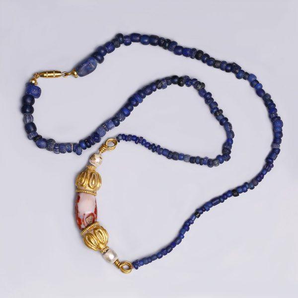 Late Roman Restrung Glass Necklace with Gold Beads