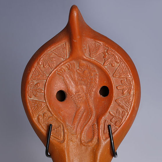 North African Roman Redware Oil Lamp with Lion