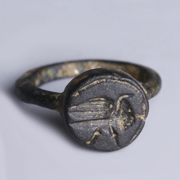Roman Bronze Signet Finger Ring with Bird