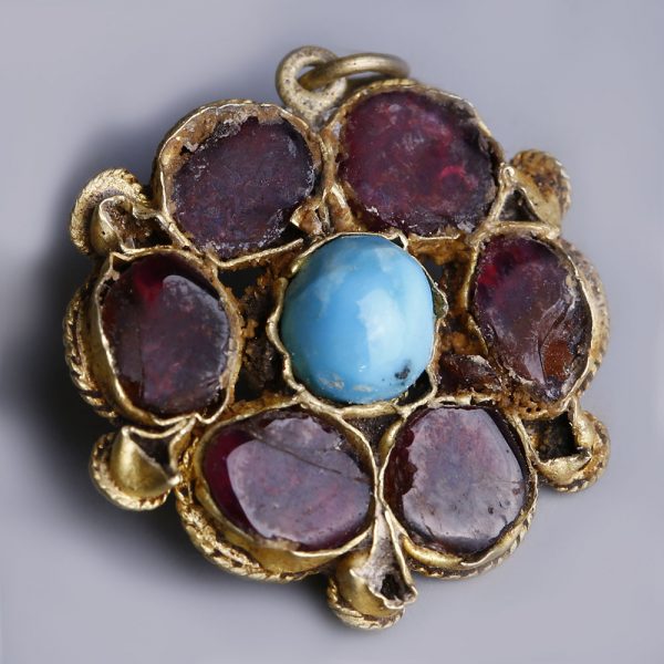 Byzantine Rosette Gold Pendant with Turquoise and Garnet