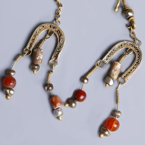 Elaborate Ancient Roman Electrum Earrings with Pearls and Carnelian Beads