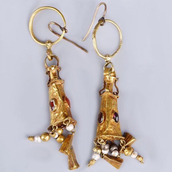 Greek Hellenistic Gold and Garnet Pendant Earrings