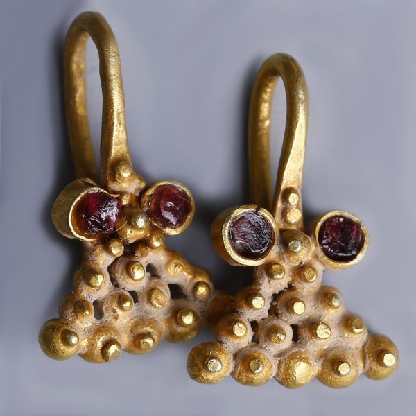 Pair of Western Asiatic Gold and Garnet Earrings