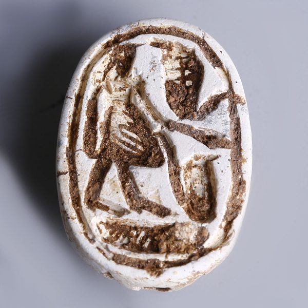 Large Egyptian Steatite Scarab with a Falcon-headed God and a Uraeus