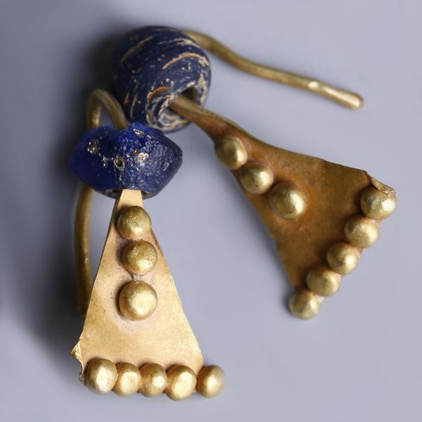 Western Asiatic Matching Pair of Gold and Glass Earrings