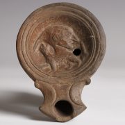 Roman Terracotta Oil Lamp with Dionysus, Panther and Phallus