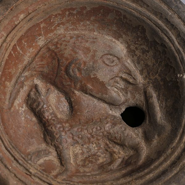 Roman Terracotta Oil Lamp with Dionysus, Panther and Phallus