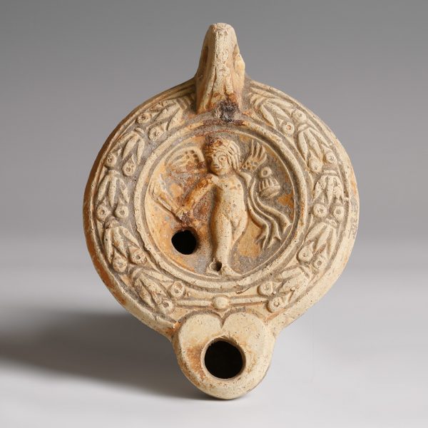 Ancient Roman Terracotta Oil Lamp with Cupid