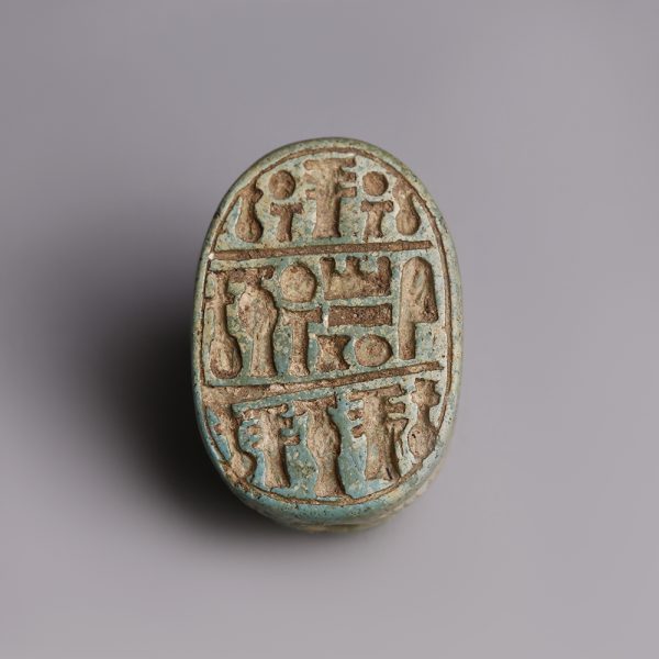 Egyptian Turquoise Faience Scarab Dedicated to Amun-Ra
