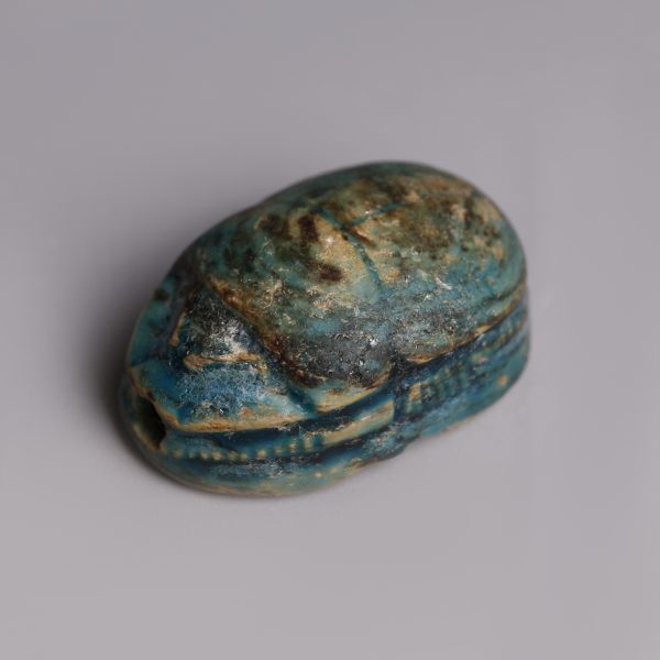 Egyptian Turquoise Glazed Steatite Scarab with Geometric Pattern