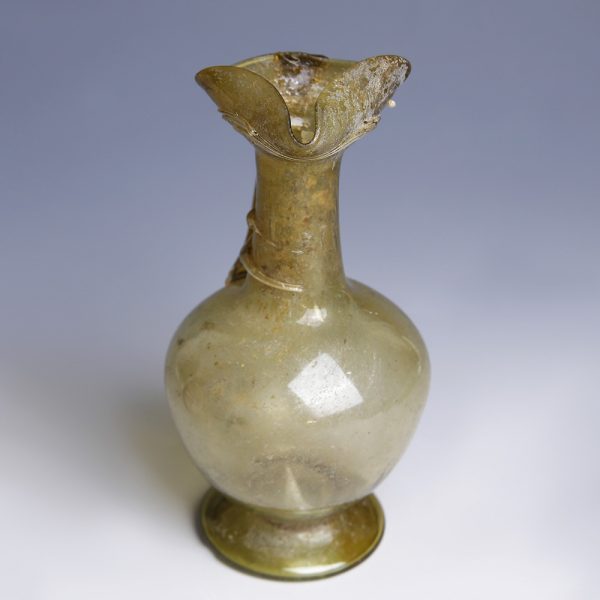 Ancient Roman Yellow Glass Jug with Trefoil Rim and Trailing Decorations