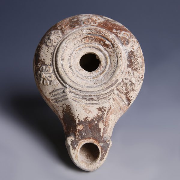North African Roman Terracotta Oil Lamp with Rosettes