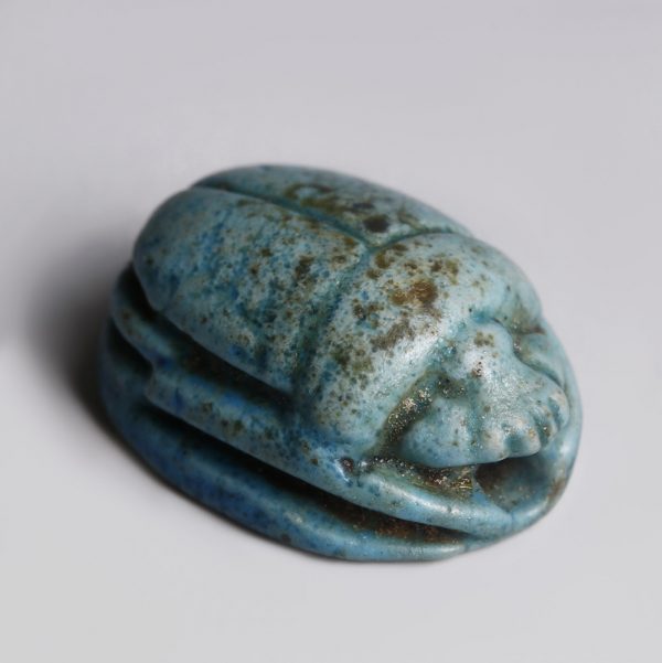 Egyptian Turquoise Glazed Steatite Scarab with Pharaonic Figure