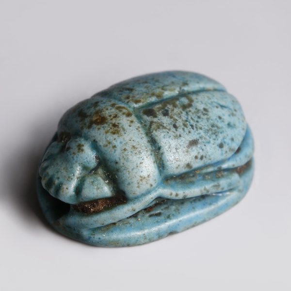 Egyptian Turquoise Glazed Steatite Scarab with Pharaonic Figure