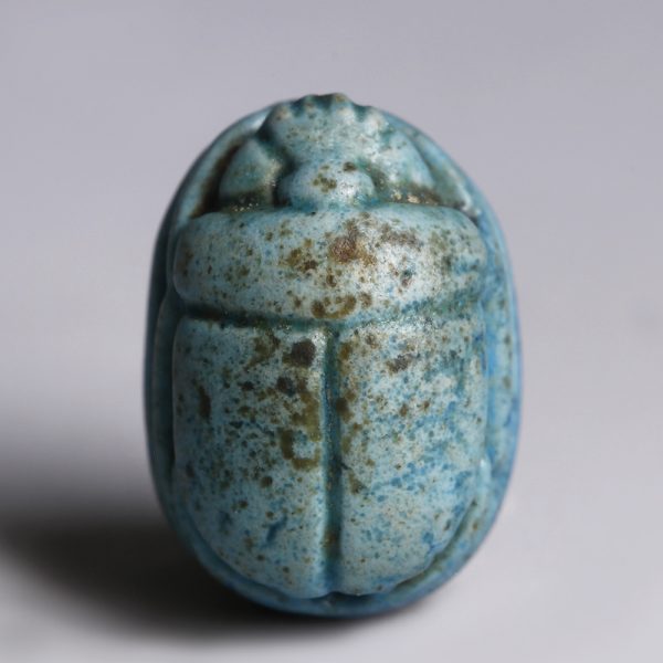 Egyptian Turquoise Glazed Steatite Scarab with Pharaonic Figure