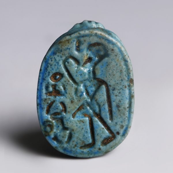 Egyptian Turquoise Glazed Steatite Scarab with Pharaonic Figure