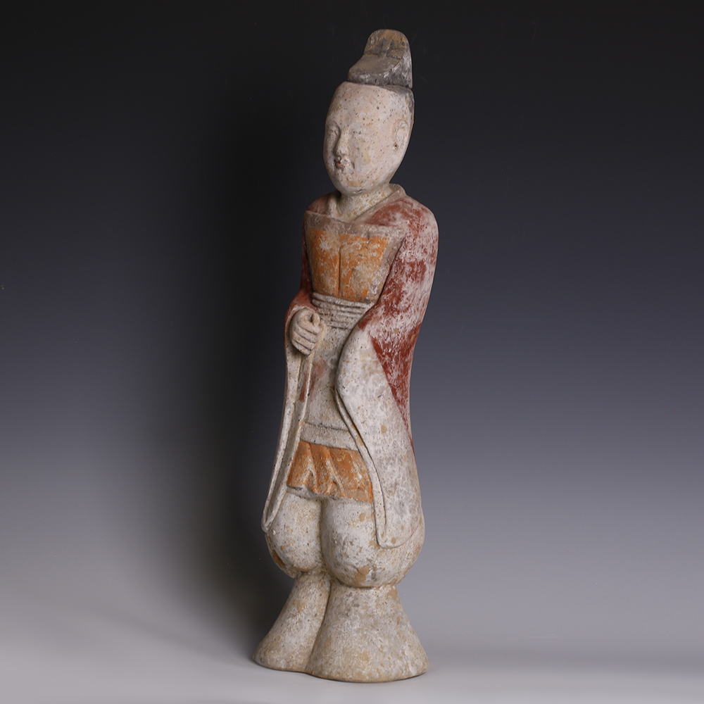 Large Han Polychrome Terracotta Figurine of a Male Court Attendant Large Han Polychrome Terracotta Figurine of a Male Court Attendant