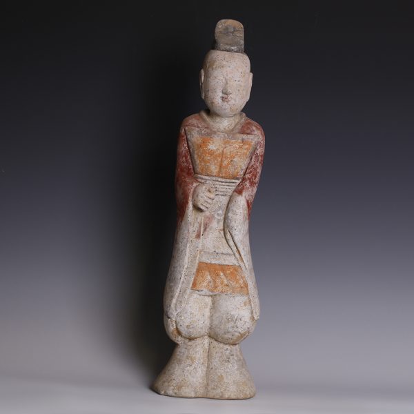 Large Han Polychrome Terracotta Figurine of a Male Court Attendant